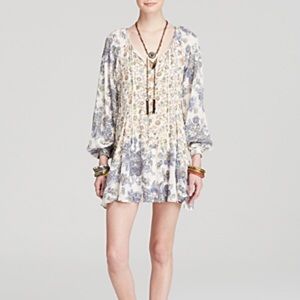 Free People Floral Long Sleeve Dress - Cream and Blue
